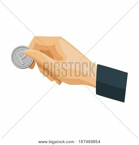 Hand holding coin for parking meter icon in cartoon design isolated on white background. Parking zone symbol stock vector illustration.