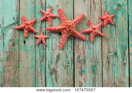Shell And Starfish Frame With Space On Wooden Old Background.