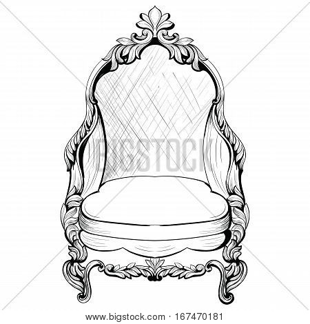 Exquisite Fabulous Imperial Baroque armchair in luxurious fabric ornament. Vector French Luxury rich intricate structure. Victorian Royal Style decor furniture