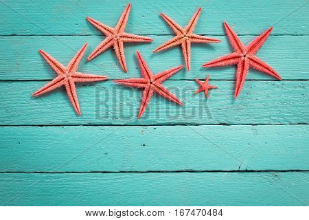 Shell And Starfish Frame With Space On Wooden Old Background.