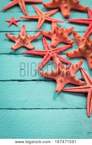 Shell And Starfish Frame With Space On Wooden Old Background.