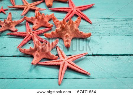 Shell And Starfish Frame With Space On Wooden Old Background.