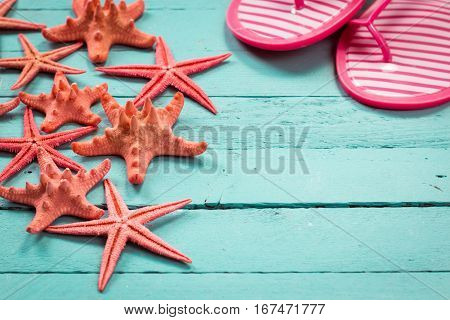 Shell And Starfish Frame With Space On Wooden Old Background.