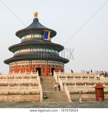BEIJING CHINA - SEPTEMBER 15 2007: Unidentified people at the Temple of Heaven or Tiantan pagoda in Beijing China