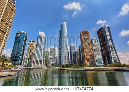 View on the Jumeirah Lakes Towers skyscrapers. Dubai UAE.