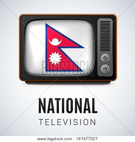Vintage TV and Flag of Nepal as Symbol National Television. Button with Nepalese flag