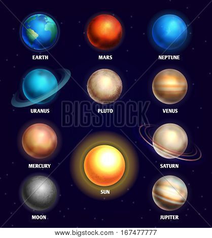 Planets of solar system and sun education vector illustration. Planets of olar system for design planetarium