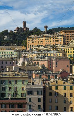 Amazing colorful close standing buildings in Genoa, Italy