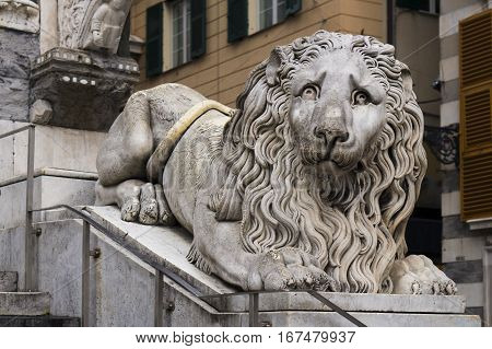 Lion statue in the cathedral of Saint Lorenzo in Genoa, Italy