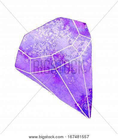 Gem or crystal. Hand-drawn violet gemstone on the white background - diamond. Real watercolor illustration