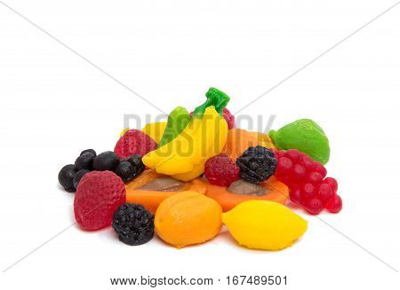 Colourful Candy jelly fruits on white background