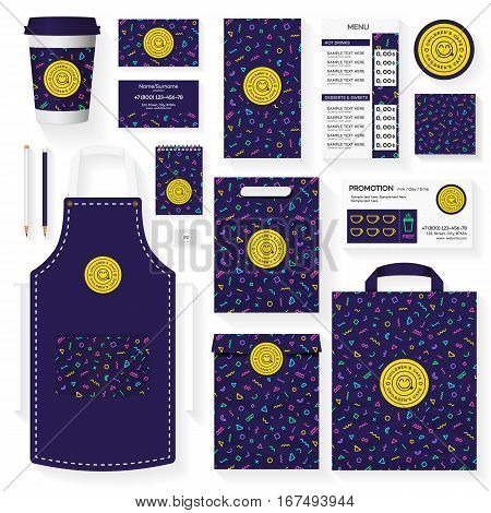 Childrens cafe corporate identity template design set with memphis geometric pattern. Restaurant cafe set card, flier, menu, package, uniform design set. Stock vector