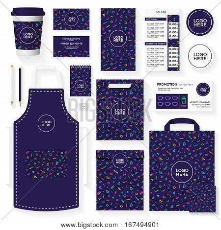 Coffee house corporate identity template design set with color memphis geometric pattern. Restaurant cafe set card, flyer, menu, package, uniform design set. Vector Illustration