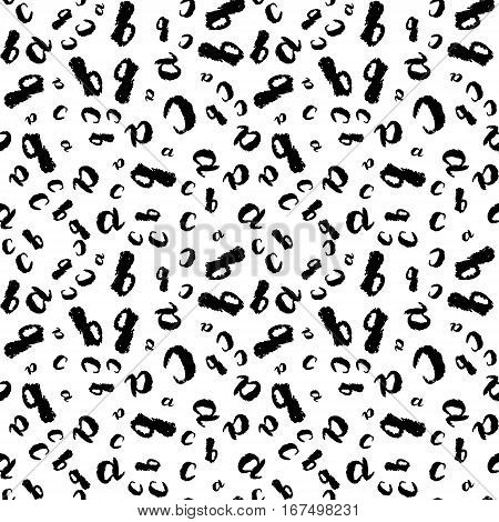 Creative seamless painted letters pattern. Textures ink abc. Sketchy Hand-drawn bruch graphic prints for posters wallpaper furniture fabric textile. Vector. Black and white. Grungy ornament