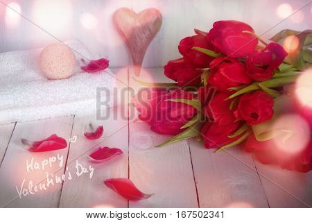 Still life with wellness and tulips for a Valentines Day gift