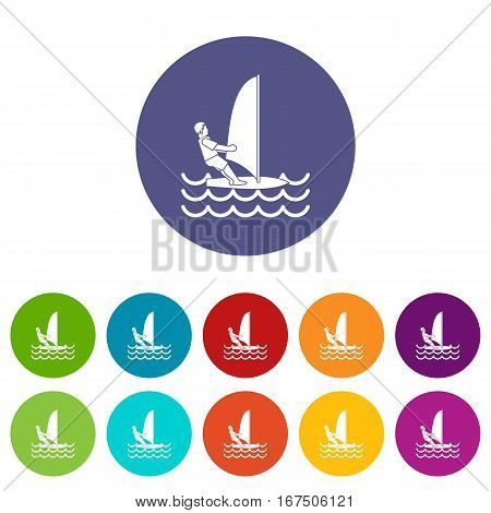 Man on windsurf set icons in different colors isolated on white background