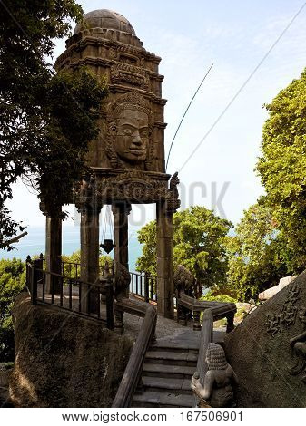 Elements of stucco and statues of the abandoned hotel in angkor style. Style of the temple ruins of the Khmer The jungle of Koh Phangan Thailand