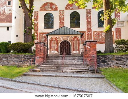 Main entrance with stairs to Catholic Church of St. Cunigunde in Nove Mesto na Morave Czech republic