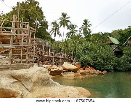 The path of planks on the rocks by the sea an the jungle background
