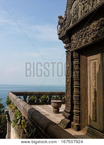 Sun terrace of the abandoned hotel in angkor style. Style of the temple ruins of the Khmer The jungle of Koh Phangan Thailand