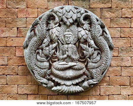 Wood Carving Thailand Antique Buddha. Wall bas-relief
