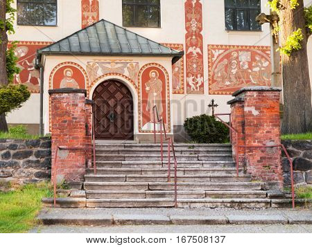 Main entrance with stairs to Catholic Church of St. Cunigunde in Nove Mesto na Morave Czech republic