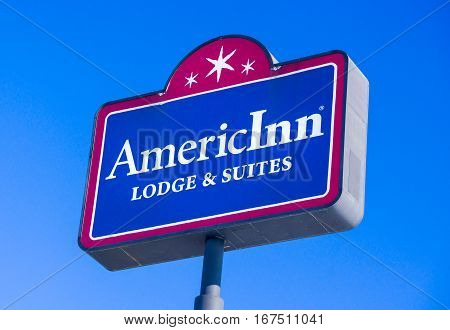 BALDWIN WI/USA - JANUARY 7 2017: AmericInn Motel sign and logo. AmericInn is an American hotel franchise chain.