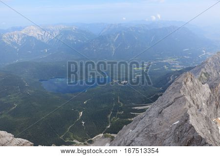 Stunning views of the village Grinau from the top of Zugspitze