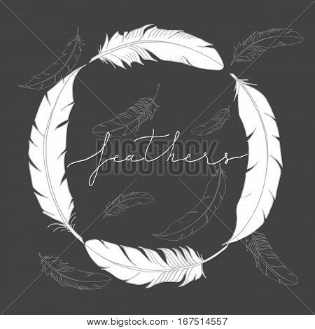 Modern cover template with hand drawn feathers. Doodle style decorative elements. Vector Feather Logo illustration. Trendy header layout. Circle frame