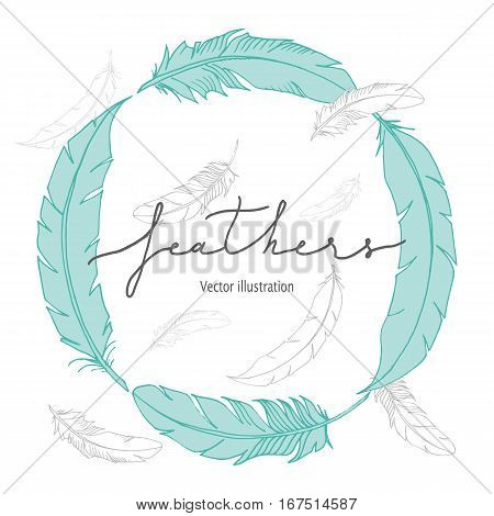 Modern cover template with hand drawn feathers on white background in cute cartoon style. Vector Feather Logo illustration. Trendy header layout. Circle frame
