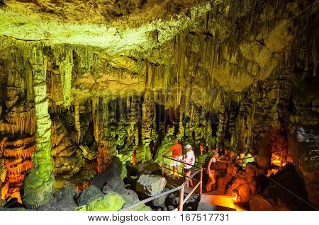 Crete, Greece-july 21: Tourists Go Sightseeing In The Cave Of Zeus On July 21, 2014 On The Crete Isl
