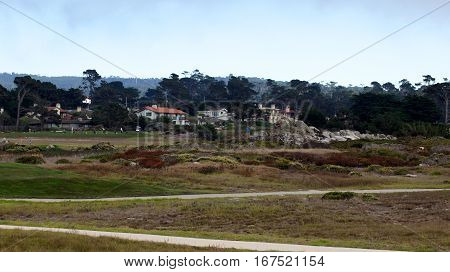 CARMEL, CALIFORNIA, UNITED STATES - OCT 6, 2014: beautiful houses at the Pebble Beach Golf Course, which is part of the famous 17 miles drive area.