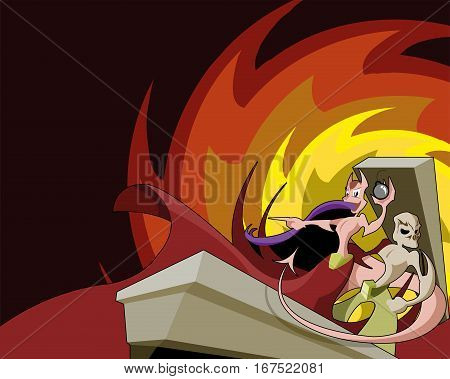 cute and scary demon and skeleton monster rising.