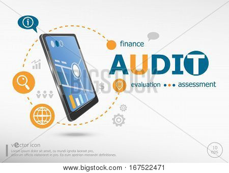 Audit Word Cloud Concept And Realistic Smartphone Black Color.