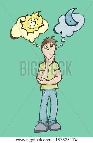Vector illustration of a man choosing between the day or the night