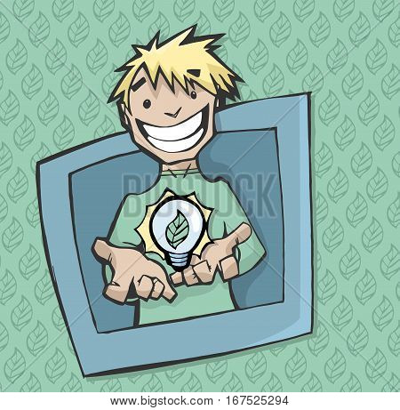 Vector illustration of a Young men in a window holding a big bulb with a leaf in it with a green background