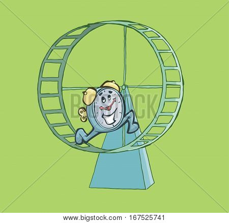 Happy clock running on a hamster wheel. Deadline Concept.