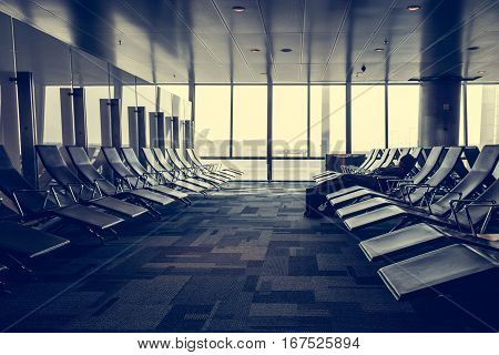 Empty waiting room at aiport. Sitting area.