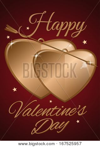 Valentine's Day design. Two golden heart pierced by a golden. Happy Valentine's Day. Couple of golden hearts and golden arrow on a red background. Vector illustration