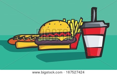 Colorful hand drawn cartoon style of soda hamburger and hotdog. fastfood