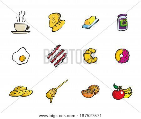 Colorful hand drawn cartoon style breakfast snack icon set