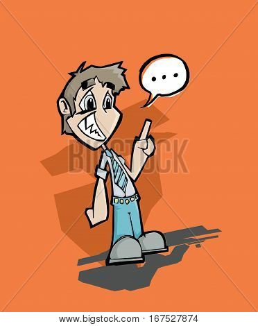 Cartoon illustration of man talking without confidence with a speech bubble