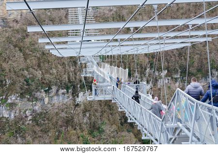 Sochi, Russia - January 2017: SKYPARK Hey Jay Hackett Sochi is located in Sochi national Park. The longest pedestrian suspension bridge in the world
