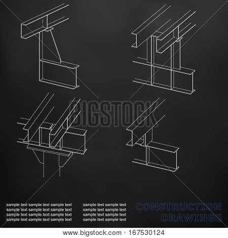 3D metal construction. The beams and columns. Cover background for inscriptions. Construction drawings. Black
