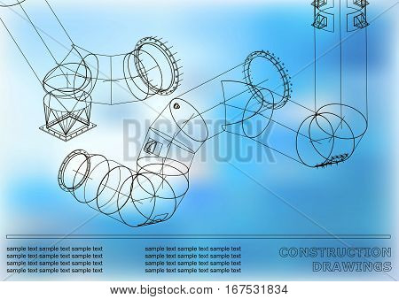 Drawings of steel structures. Pipes and pipe. 3d blueprint of steel structures. Cover blue background for your design
