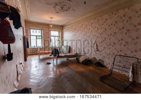 Sleeping and eating area for refugees in the temporary apartment for living (existence)