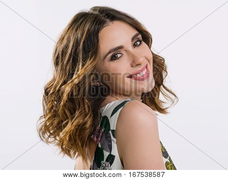 Beautiful female model with brown hair and brown eyes
