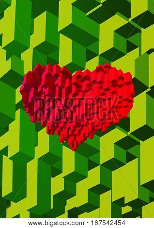 Isometric cube block combined to red heart symbol shape on green background