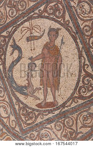 Mosaic Perseus (it was the Greek mythical hero who beheaded Medusa) Roman ruins of the ancient city of Conimbriga Beiras region Portugal