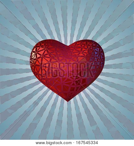 Stylize red heart symbol with decoration ornament on blue light shine background